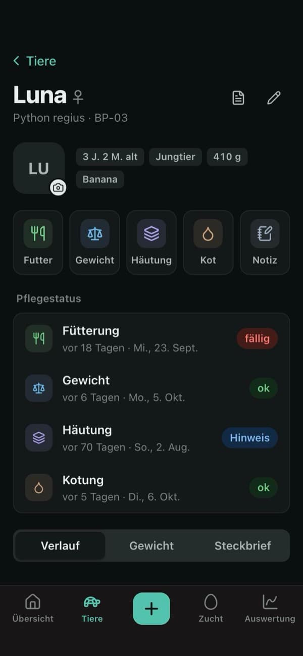 Tierprofil mit Pflegestatus und Schnellerfassung